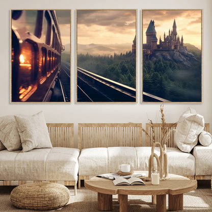 84029-MGV-CV-36X24-Fantasy Castle Wall Art – Magical Train Sunset Forest Canvas Print, Enchanted Landscape Painting Poster for Living Room, Bedroom,