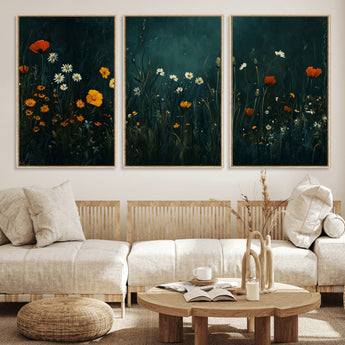 87037-MGV-CV-36X24-Wildflower Wall Art – Dark Botanical Floral Canvas Print, Modern Nature Painting Poster with Daisies Poppies Orange Flowers for