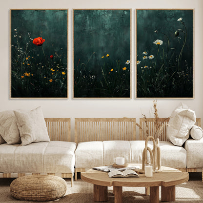 26218-MGV-CV-36X24-Wildflower Wall Art – Dark Botanical Floral Canvas Print, Modern Nature Painting Poster with Daisy Poppy Yellow Flowers for Living
