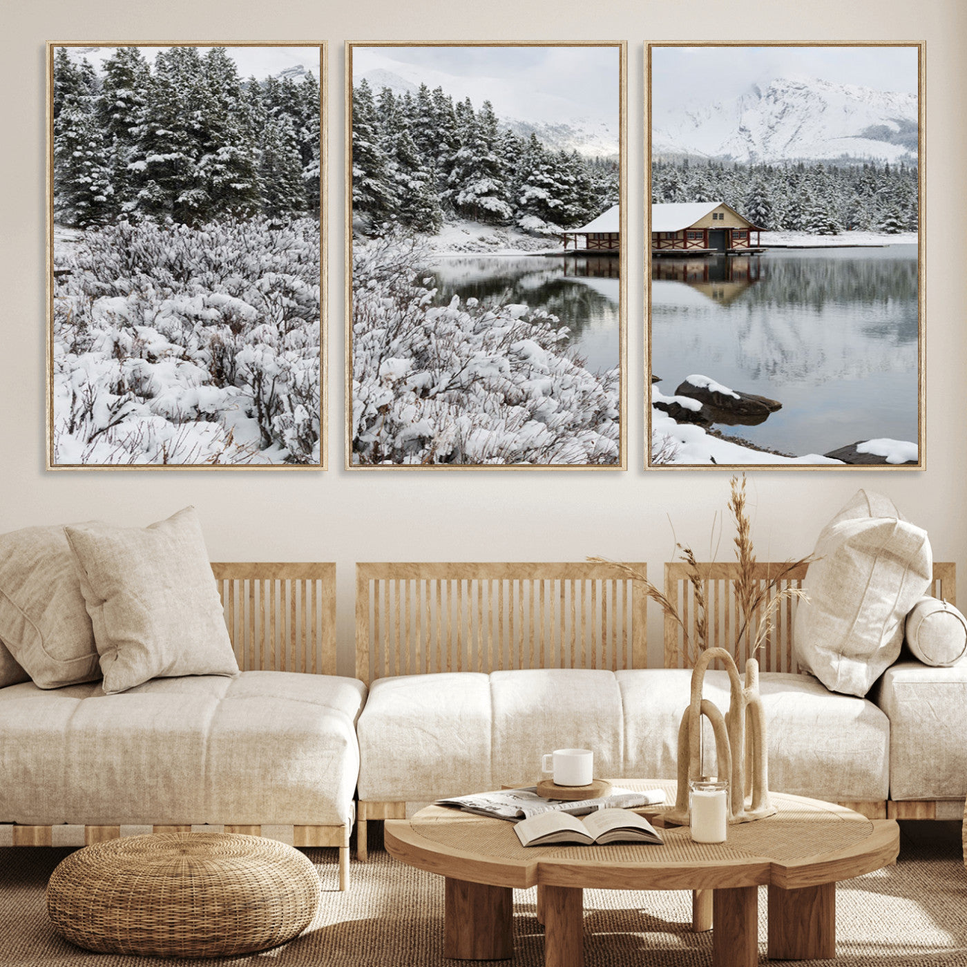 29975-MGV-CV-36X24-Winter Cabin by the Lake Wall Art – Snowy Mountain Landscape Canvas Print, Rustic Lodge Cabin Decor for Cozy Living Room, Bedroom