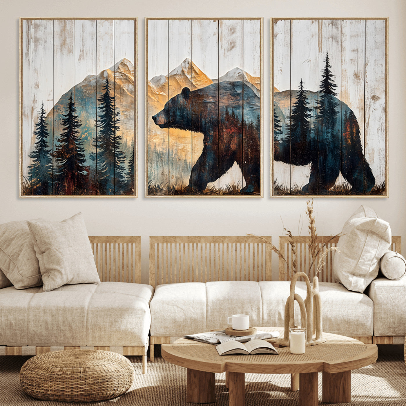 90077-MGV-CV-36X24-Wood Grizzly Bear Wall Art Canvas Print, Framed Abstract Bear Art Picture Print, Bear in Forest Perfect Rustic Lodge Decor Artwork