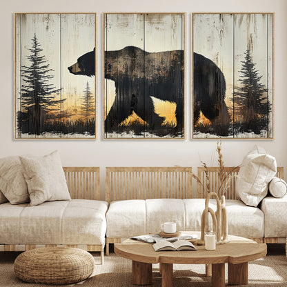 83875-MGV-CV-36X24-Sunset Bear Wall Art – Rustic Wildlife Canvas Print with Forest Silhouette, Cabin Lodge Decor for Living Room or Office