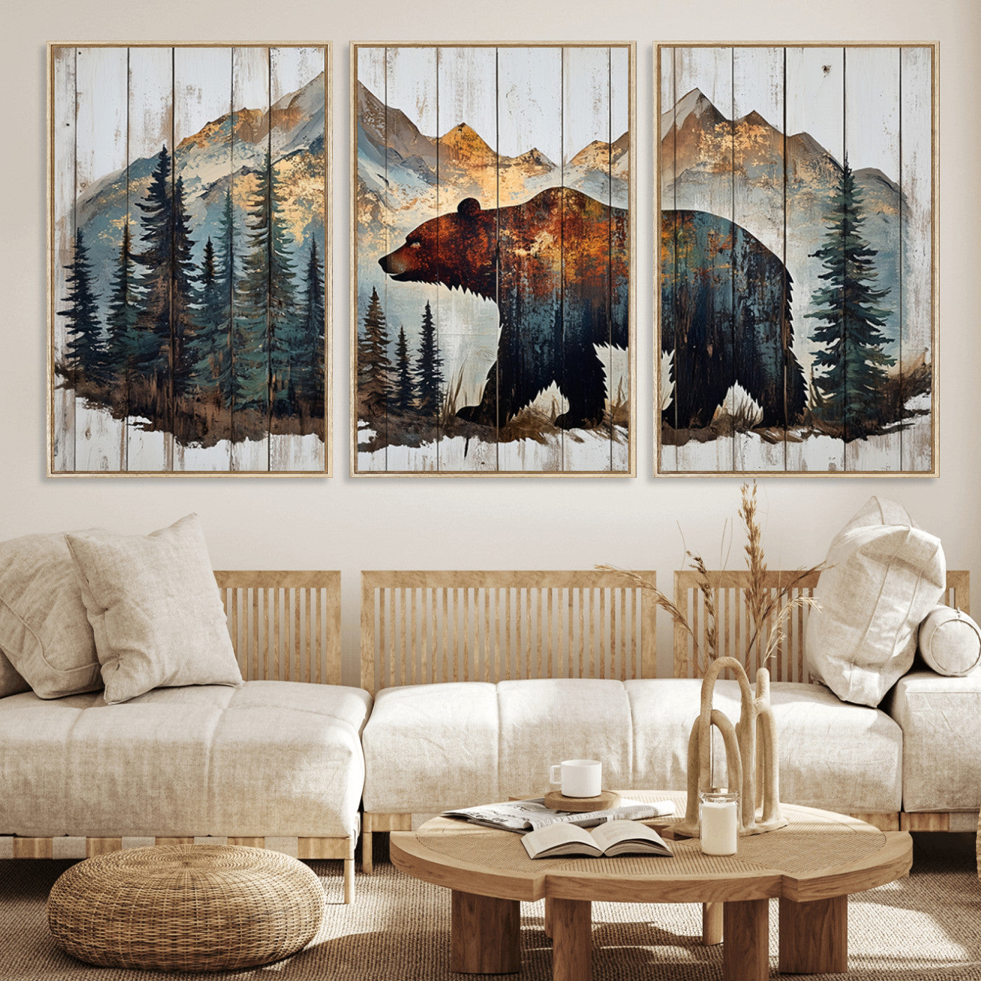 55777-MGV-CV-36X24-Rustic Bear Wall Art Canvas Print, Framed Mountain and Forest Art Picture Print, Wooden Bear Perfect Rustic Lodge Decor Artwork
