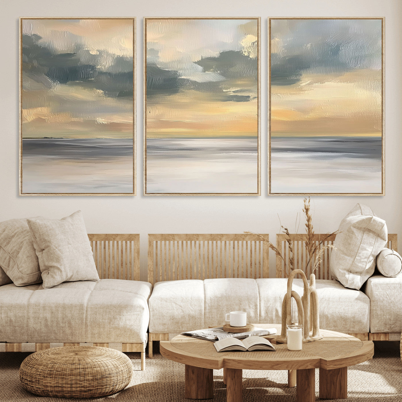 45544-MGV-FC-60X30-3P_Natural-Ocean Sunset Wall Art – Serene Seascape Canvas Print with Golden Sky and Calm Water, Coastal Beach Artwork for Living Room,