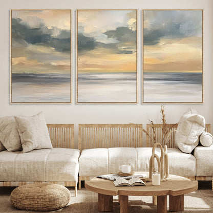 45544-MGV-FC-60X30-3P_Natural-Ocean Sunset Wall Art – Serene Seascape Canvas Print with Golden Sky and Calm Water, Coastal Beach Artwork for Living Room,
