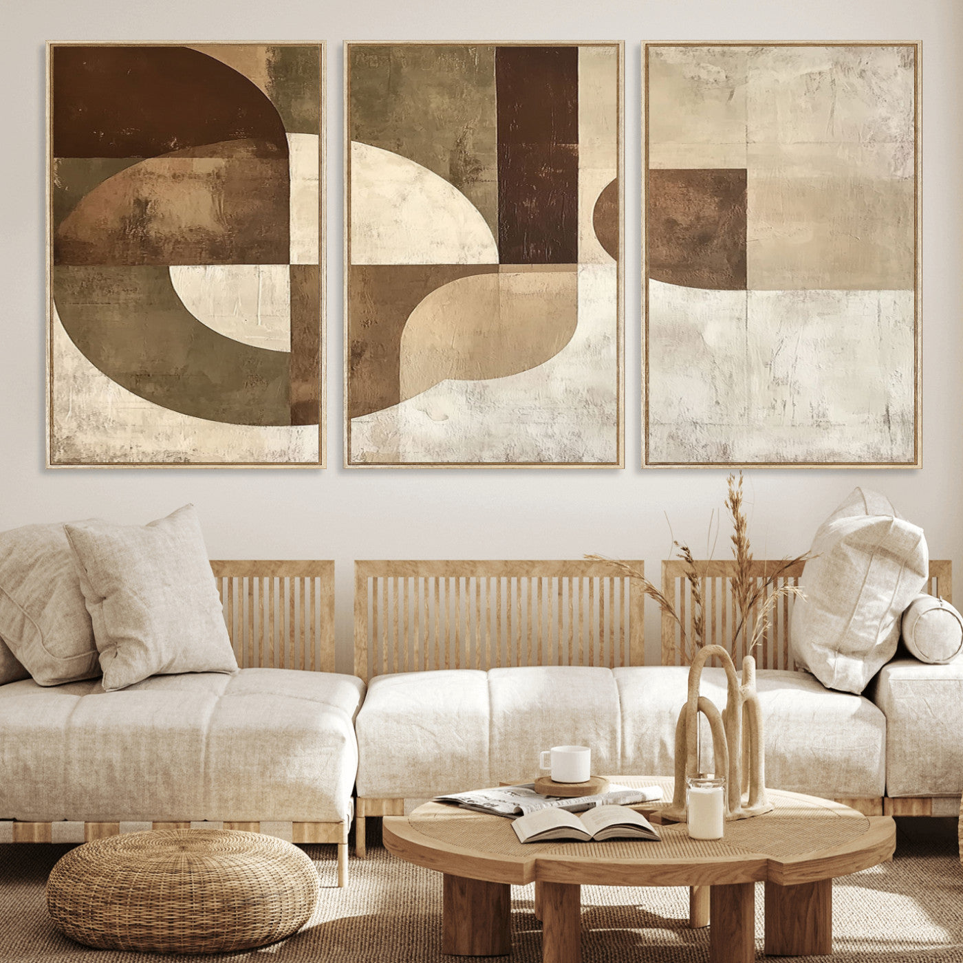 59767-MGV-FC-60X30-3P_Natural-Abstract Geometric Shapes Wall Art – Modern Minimalist Canvas Print, Neutral Brown Beige Tan Artwork for Living Room, Bedroom,