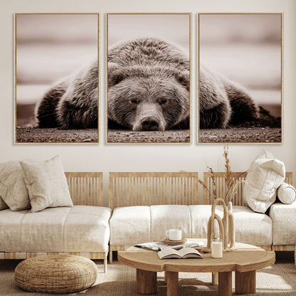 20611-MGV-FC-60X30-3P_Natural-Grizzly Bear Wall Art – Majestic Wildlife Sepia Canvas Print, Rustic Nature Animal Artwork for Cabin, Lodge, Living Room, Bedroom,