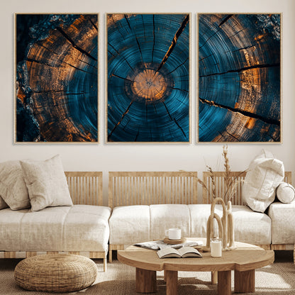 65231-MGV-FC-60X30-3P_Natural-Blue and Gold Tree Ring Wall Art – Rustic Abstract Wood Slice Canvas Print, Modern Nature Inspired Artwork for Living Room,