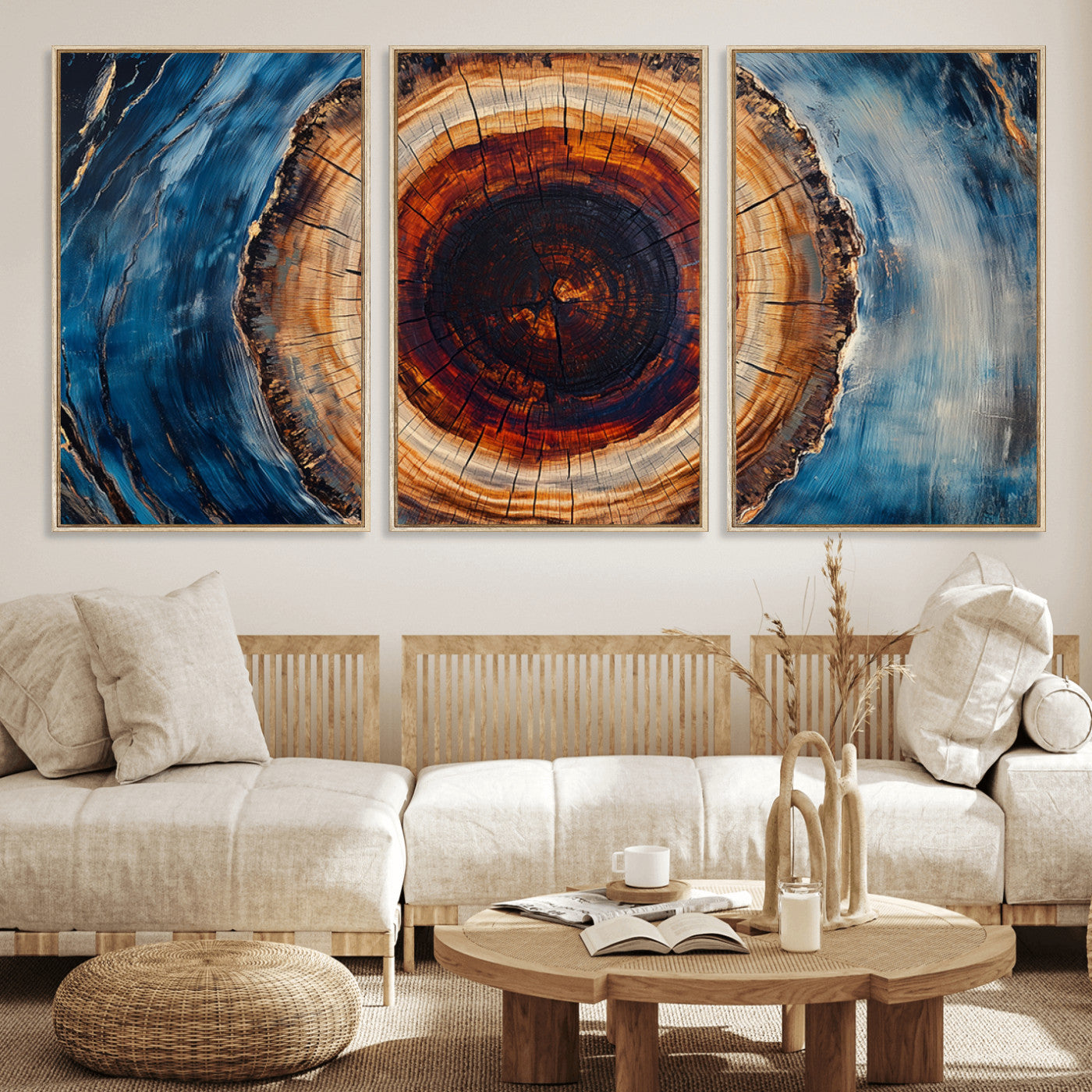 30457-MGV-FC-60X30-3P_Natural-Tree Ring Abstract Wall Art – Blue and Brown Wood Grain Canvas Print, Modern Nature Inspired Painting for Rustic Living Room,