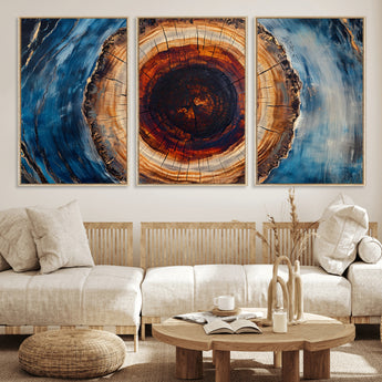 30457-MGV-FC-60X30-3P_Natural-Tree Ring Abstract Wall Art – Blue and Brown Wood Grain Canvas Print, Modern Nature Inspired Painting for Rustic Living Room,