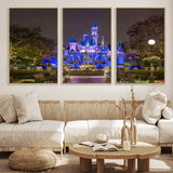 63560-MGV-FC-60X30-3P_Natural-Fairy Tale Castle Wall Art – Magical Night Scene Canvas Print with Lights and Gardens, Fantasy Architecture Artwork for Living