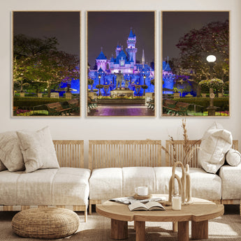 63560-MGV-FC-60X30-3P_Natural-Fairy Tale Castle Wall Art – Magical Night Scene Canvas Print with Lights and Gardens, Fantasy Architecture Artwork for Living