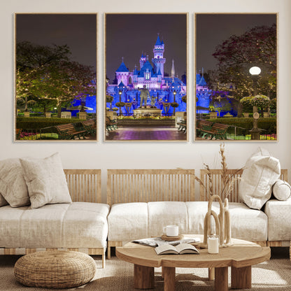 63560-MGV-FC-60X30-3P_Natural-Fairy Tale Castle Wall Art – Magical Night Scene Canvas Print with Lights and Gardens, Fantasy Architecture Artwork for Living