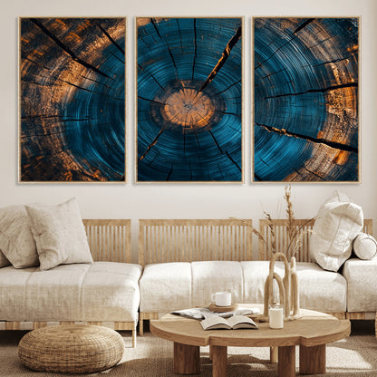 13398-MGV-FC-60X30-3P_Natural-Tree Ring Wall Art – Abstract Wood Grain Canvas Print with Blue and Orange Accents, Rustic Nature Inspired Artwork for Living