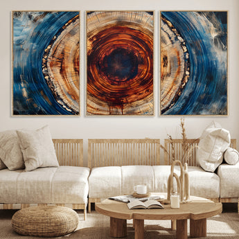 90395-MGV-FC-60X30-3P_Natural-Tree Ring Wall Art – Abstract Wood Grain Canvas Print with Fiery Red and Blue Tones, Bold Rustic Nature Inspired Artwork Decor for