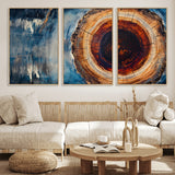 48045-MGV-CV-36X24-Tree Ring Abstract Wall Art – Rustic Wood Grain Canvas Print with Brown Center and Blue Brush Strokes, Nature Inspired Artwork for