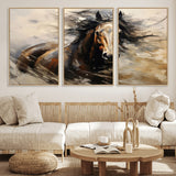 53001-MGV-FC-60X30-3P_Natural-Wild Horse Wall Art – Majestic Stallion Canvas Print with Flowing Mane, Rustic Western Style Painting for Living Room, Office or