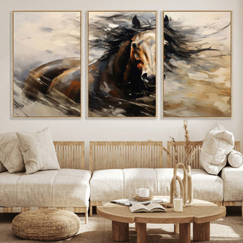 53001-MGV-FC-60X30-3P_Natural-Wild Horse Wall Art – Majestic Stallion Canvas Print with Flowing Mane, Rustic Western Style Painting for Living Room, Office or
