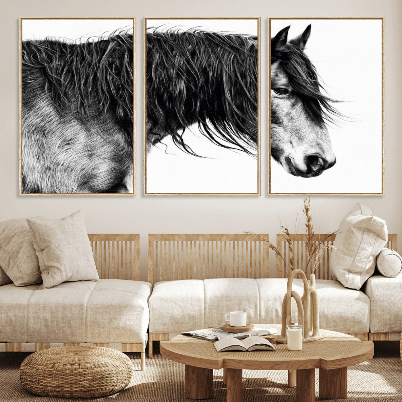 57694-MGV-FC-60X30-3P_Natural-Horse Portrait Wall Art – Black and White Canvas Print with Detailed Stallion Profile, Rustic Farmhouse Equestrian Artwork for