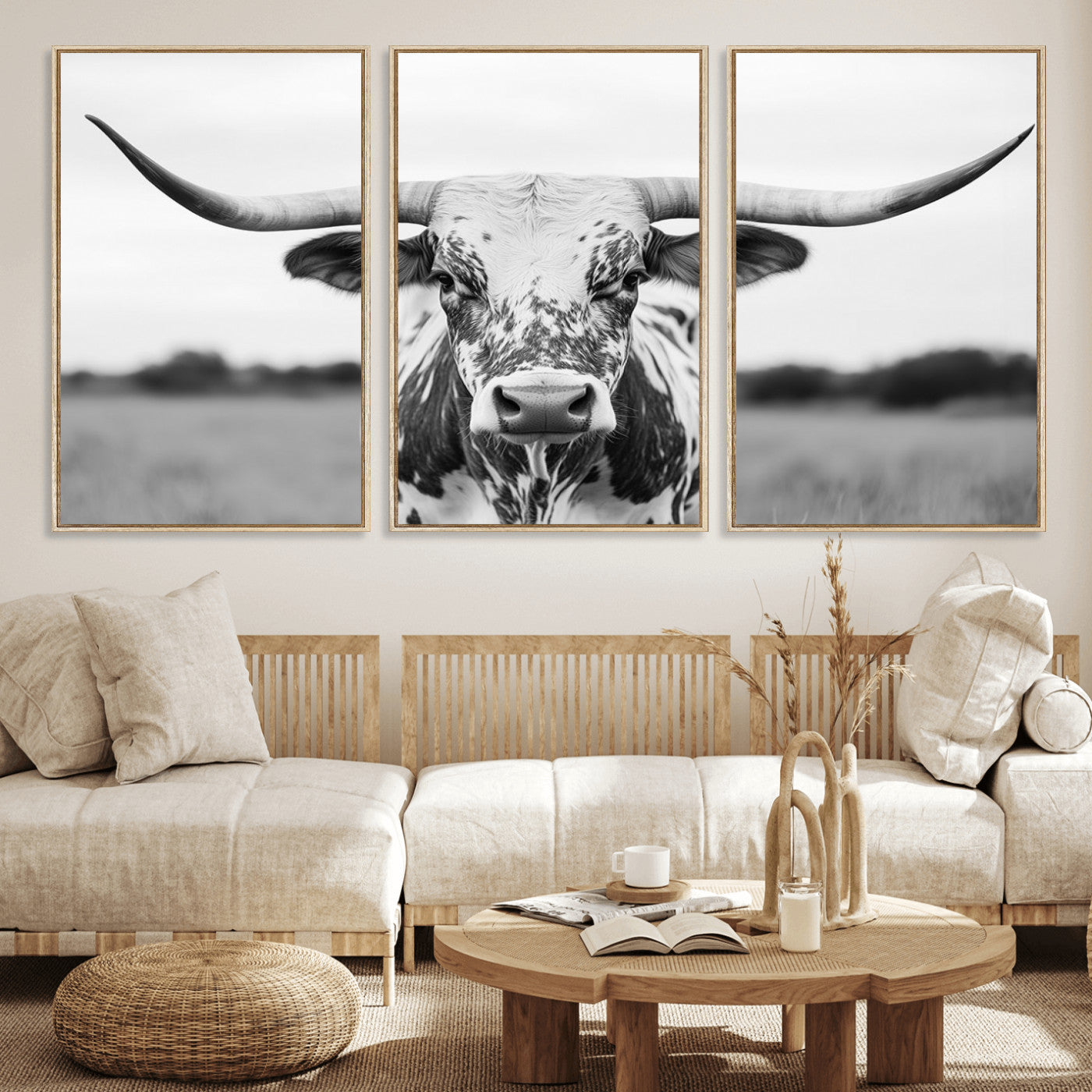 20272-MGV-FC-60X30-3P_Natural-Texas Longhorn Wall Art – Black and White Cowboy Western Canvas Print, Rustic Farmhouse Cattle Photography Decor for Ranch, Barn