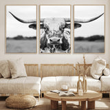 20272-MGV-FC-60X30-3P_Natural-Texas Longhorn Wall Art – Black and White Cowboy Western Canvas Print, Rustic Farmhouse Cattle Photography Decor for Ranch, Barn