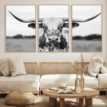 20272-MGV-FC-60X30-3P_Natural-Texas Longhorn Wall Art – Black and White Cowboy Western Canvas Print, Rustic Farmhouse Cattle Photography Decor for Ranch, Barn