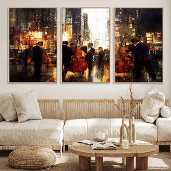 58782-MGV-FC-60X30-3P_Natural-Jazz Musicians Cityscape Wall Art – Vibrant Urban Night Canvas Print, Elegant Music Themed Decor for Living Room, Office, or Music