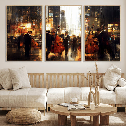 58782-MGV-FC-60X30-3P_Natural-Jazz Musicians Cityscape Wall Art – Vibrant Urban Night Canvas Print, Elegant Music Themed Decor for Living Room, Office, or Music