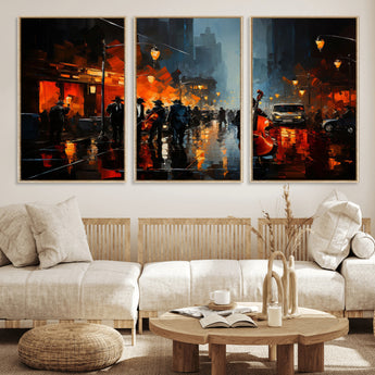 46538-MGV-CV-36X24-Urban Jazz Night Wall Art – Dramatic Music Canvas Print with Double Bass and Street Musicians, Modern City Scene Artwork for