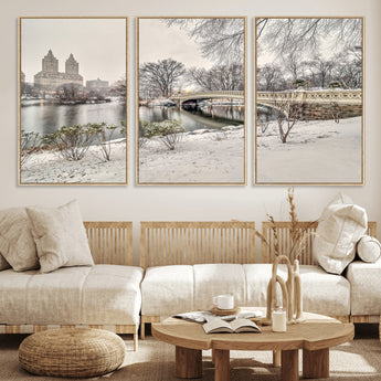 60292-MGV-FC-60X30-3P_Natural-Central Park Winter Wall Art – Snowy Bow Bridge Canvas Print, Scenic New York City Landscape Photography for Living Room, Bedroom