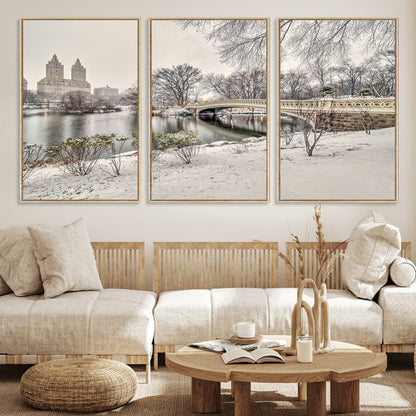 60292-MGV-FC-60X30-3P_Natural-Central Park Winter Wall Art – Snowy Bow Bridge Canvas Print, Scenic New York City Landscape Photography for Living Room, Bedroom