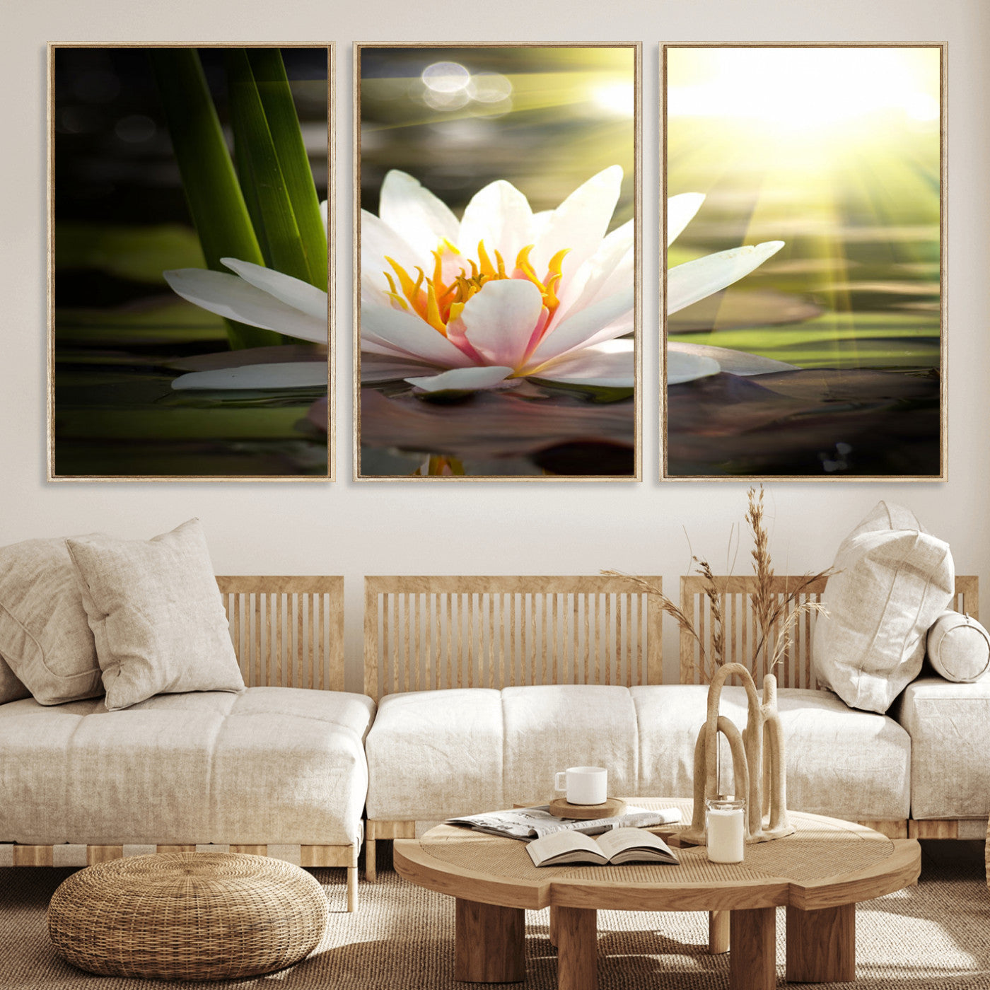 40478-MGV-FC-60X30-3P_Natural-Water Lily Wall Art – White Lotus Flower Canvas Print with Sunlight Reflection, Serene Botanical Artwork for Living Room, Bedroom,