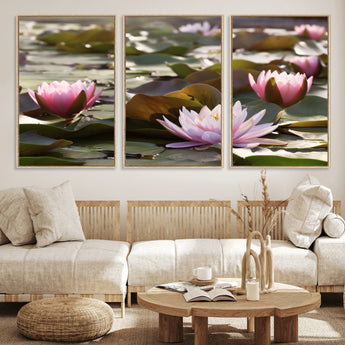 72218-MGV-CV-36X24-Water Lily Pond Wall Art – Pink Lotus Flowers Canvas Print with Green Lily Pads, Peaceful Botanical Artwork for Living Room,
