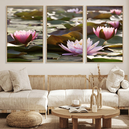 72218-MGV-CV-36X24-Water Lily Pond Wall Art – Pink Lotus Flowers Canvas Print with Green Lily Pads, Peaceful Botanical Artwork for Living Room,