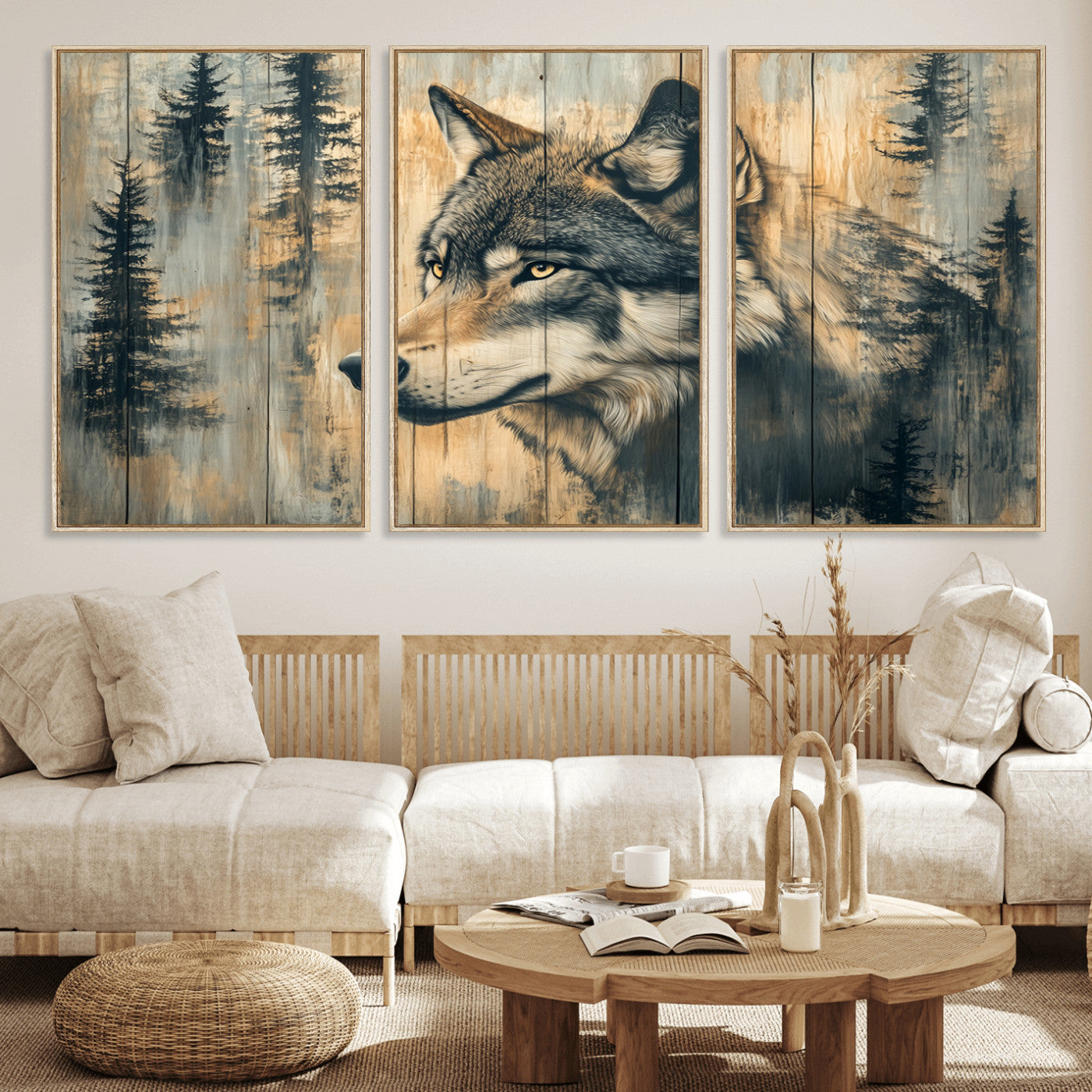 51892-MGV-FC-60X30-3P_Natural-Wolf Wall Art – Rustic Canvas Print of Wolf with Forest Trees on Wood Texture, Wildlife Lodge Artwork for Living Room, Bedroom,