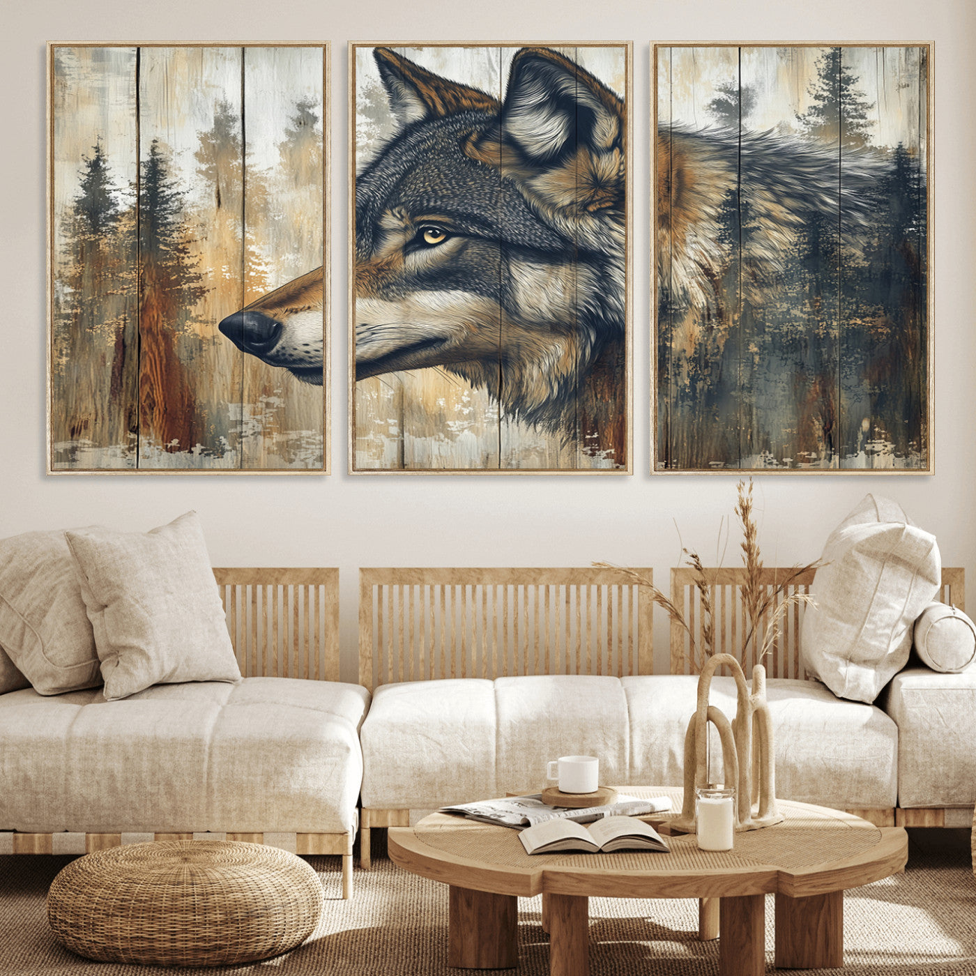 91882-MGV-CV-36X24-Wolf Wall Art – Rustic Canvas Print of Forest Wolf on Wood Background, Wildlife Lodge Artwork for Living Room, Bedroom, Cabin, or