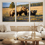 43400-MGV-FC-60X30-3P_Natural-Bear Family Wall Art – Wildlife Canvas Print of Mother Bear with Cubs in Sunlit Meadow, Rustic Animal Artwork for Living Room,
