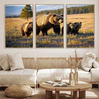 43400-MGV-FC-60X30-3P_Natural-Bear Family Wall Art – Wildlife Canvas Print of Mother Bear with Cubs in Sunlit Meadow, Rustic Animal Artwork for Living Room,