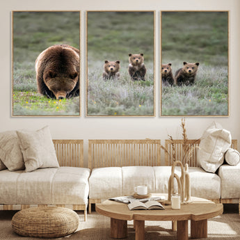 40555-MGV-CV-36X24-Bear Family Wall Art – Wildlife Canvas Print of Mother Bear with Four Cubs in Nature, Rustic Animal Artwork for Living Room,