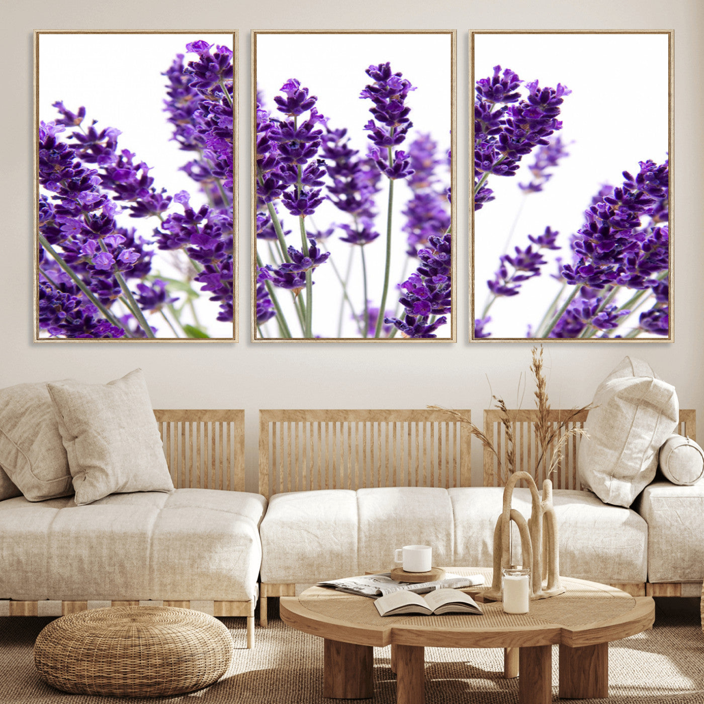 84456-MGV-FC-60X30-3P_Natural-Lavender Wall Art – Botanical Canvas Print Featuring Purple Floral Stems, Fresh Nature Inspired Artwork for Living Room, Bedroom,