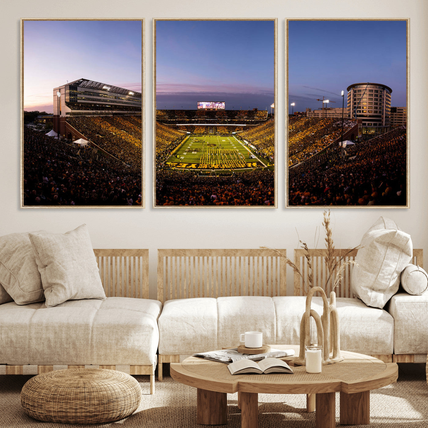 82557-MGV-FC-60X30-3P_Natural-College Football Stadium Wall Art – Panoramic Sunset Canvas Print with Marching Band and Game Day Crowd, Sports Artwork for Man