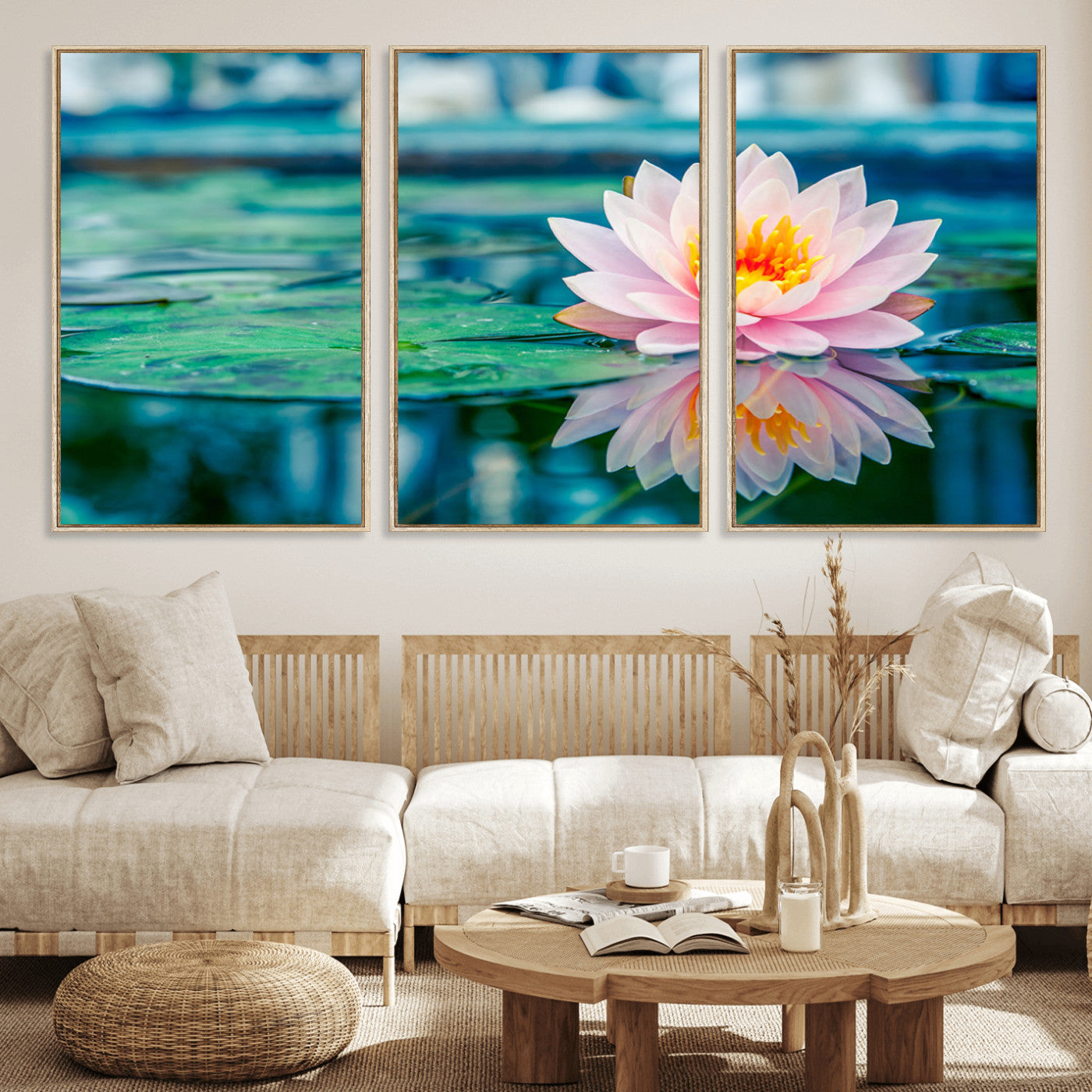 30320-MGV-FC-60X30-3P_Natural-Pink Water Lily Wall Art – Lotus Flower Canvas Print with Reflection Water, Peaceful Botanical Artwork for Living Room, Bedroom,