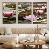 28394-MGV-FC-60X30-3P_Natural-Water Lily Pond Wall Art – Pink Lotus Flowers Canvas Print with Green Lily Pads, Peaceful Botanical Artwork for Living Room,