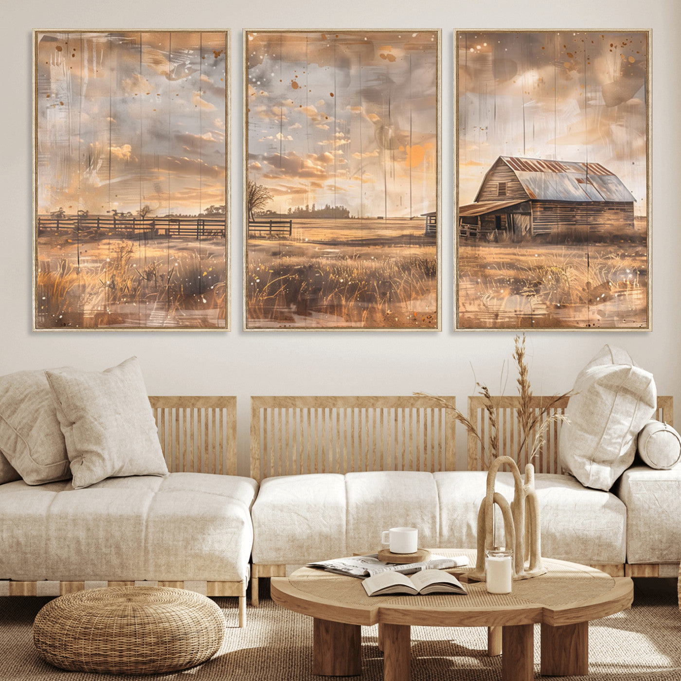 FARM2-MGV-FC-60X30-3P_Natural-Rustic Farmhouse Wall Art Canvas Print, Framed Old Barn Art Picture Print, Southwestern Farmhouse Perfect Rustic Decor Artwork