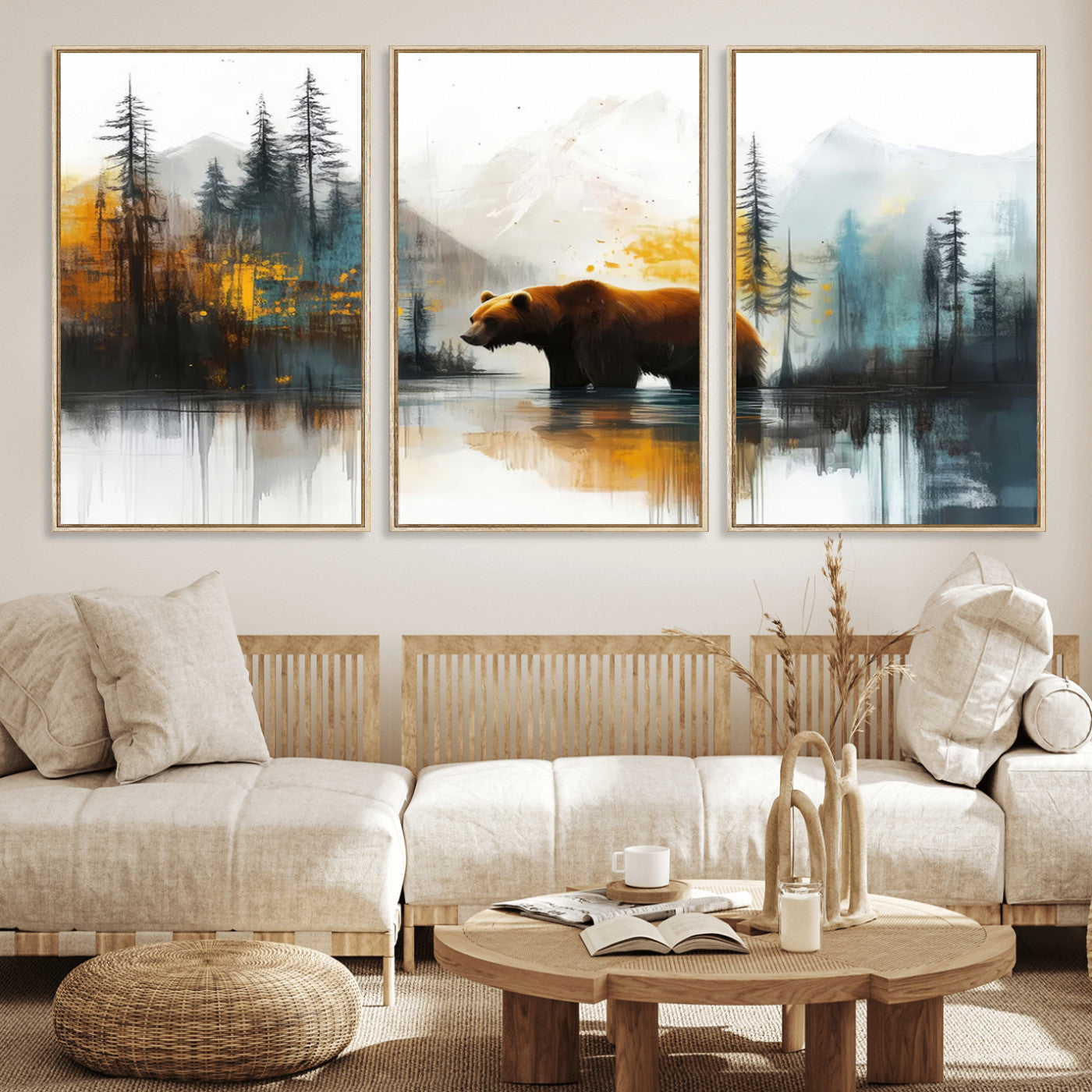 50308-MGV-FC-60X30-3P_Natural-Bear Wilderness Wall Art – Mountain Forest Canvas Print, Rustic Cabin Decor with Wildlife Landscape, Nature Artwork for Lodge,