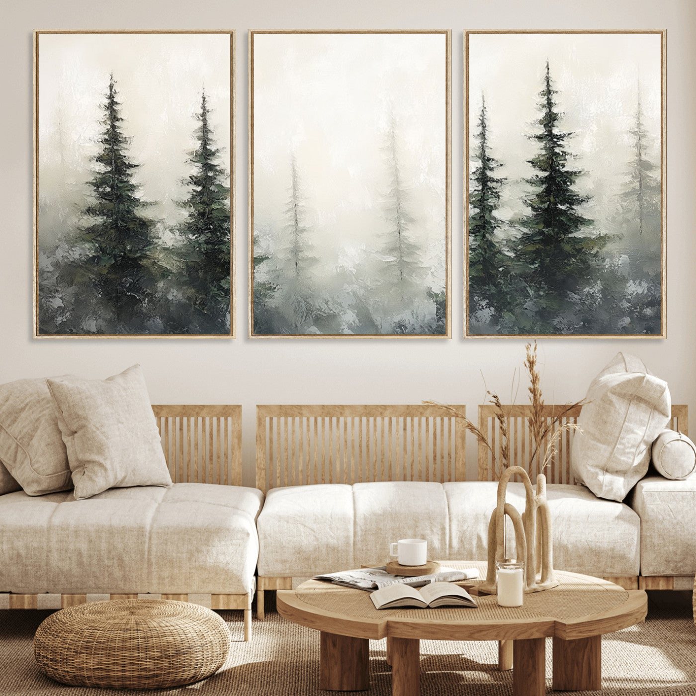 33241-MGV-FC-60X30-3P_Natural-Misty Forest Wall Art Canvas Print, Framed Foggy Pines Art Picture Print, Forest Haze Perfect Rustic Minimalist Decor Artwork