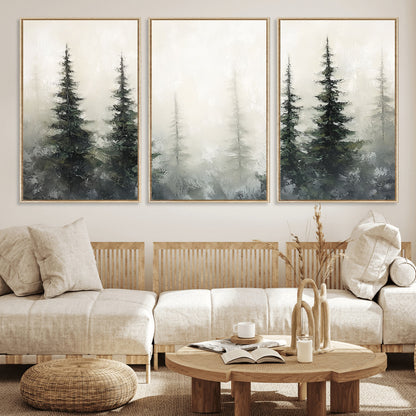 33241-MGV-FC-60X30-3P_Natural-Misty Forest Wall Art Canvas Print, Framed Foggy Pines Art Picture Print, Forest Haze Perfect Rustic Minimalist Decor Artwork