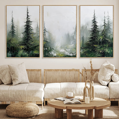 76014-MGV-FC-60X30-3P_Natural-Forest Wall Art – Textured Canvas Print Featuring Misty Evergreen Pines and Woodland Landscape, Rustic Nature Artwork for Living