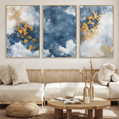 39575-MGV-FC-60X30-3P_Natural-Blue and Gold Abstract Wall Art – Modern Canvas Print Featuring Cloudy Textures with Metallic Accents, Contemporary Artwork for