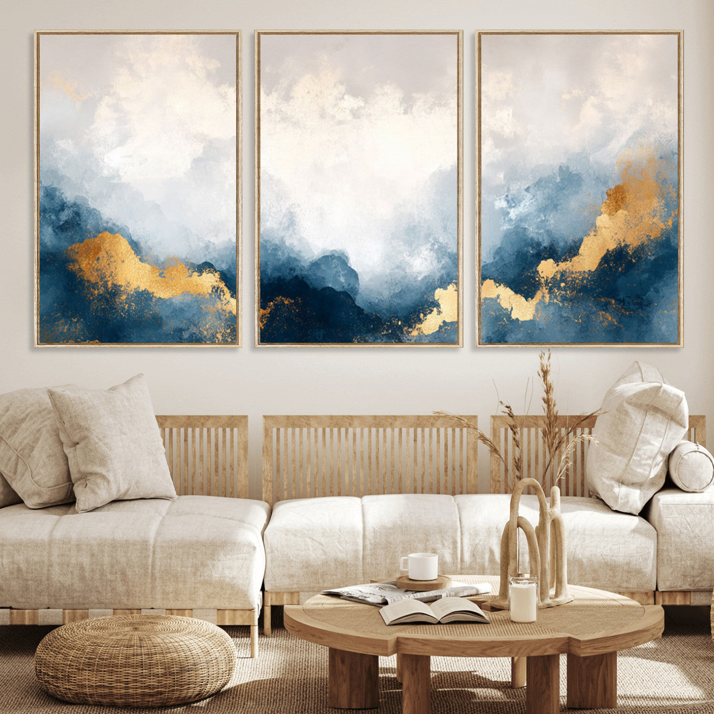 14578-MGV-CV-36X24-Abstract Wall Art – Modern Canvas Print Featuring Blue and White Clouds with Golden Accents, Contemporary Elegant Artwork for